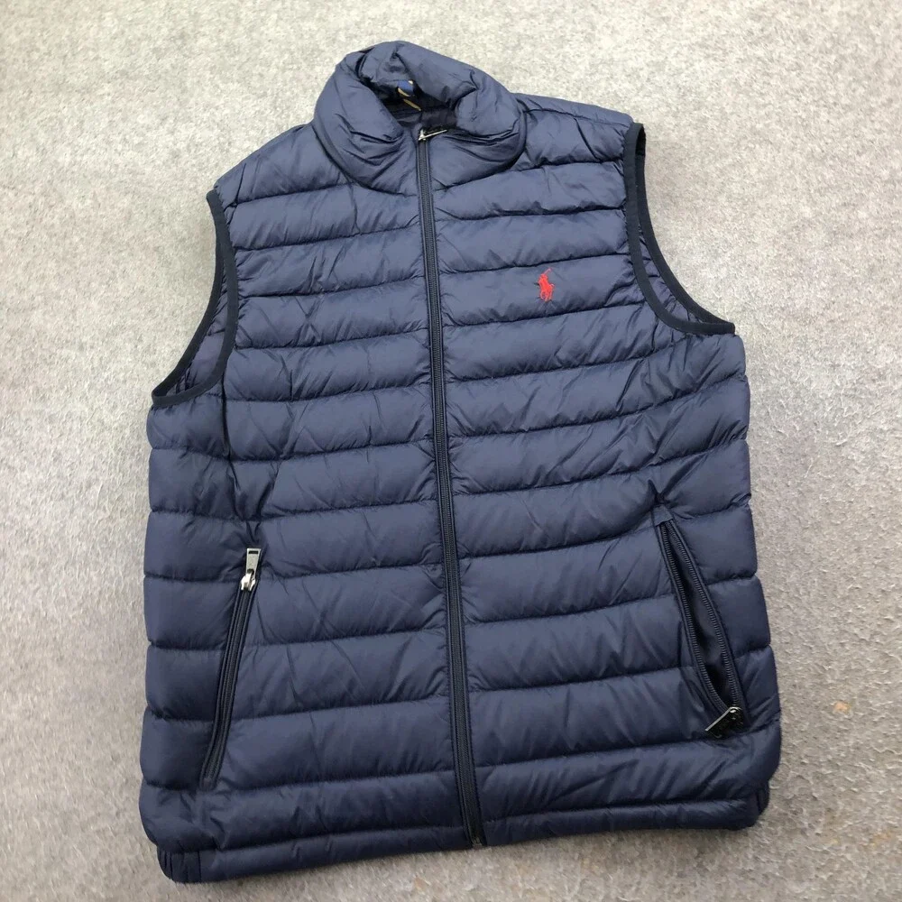Polo Ralph Lauren Vest Mens Medium Blue Quilted Full Zip Down Puffer Outdoor